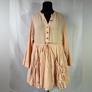 Free People Textured Mini Dress - Small - long sleeve peach ruffle pockets boho